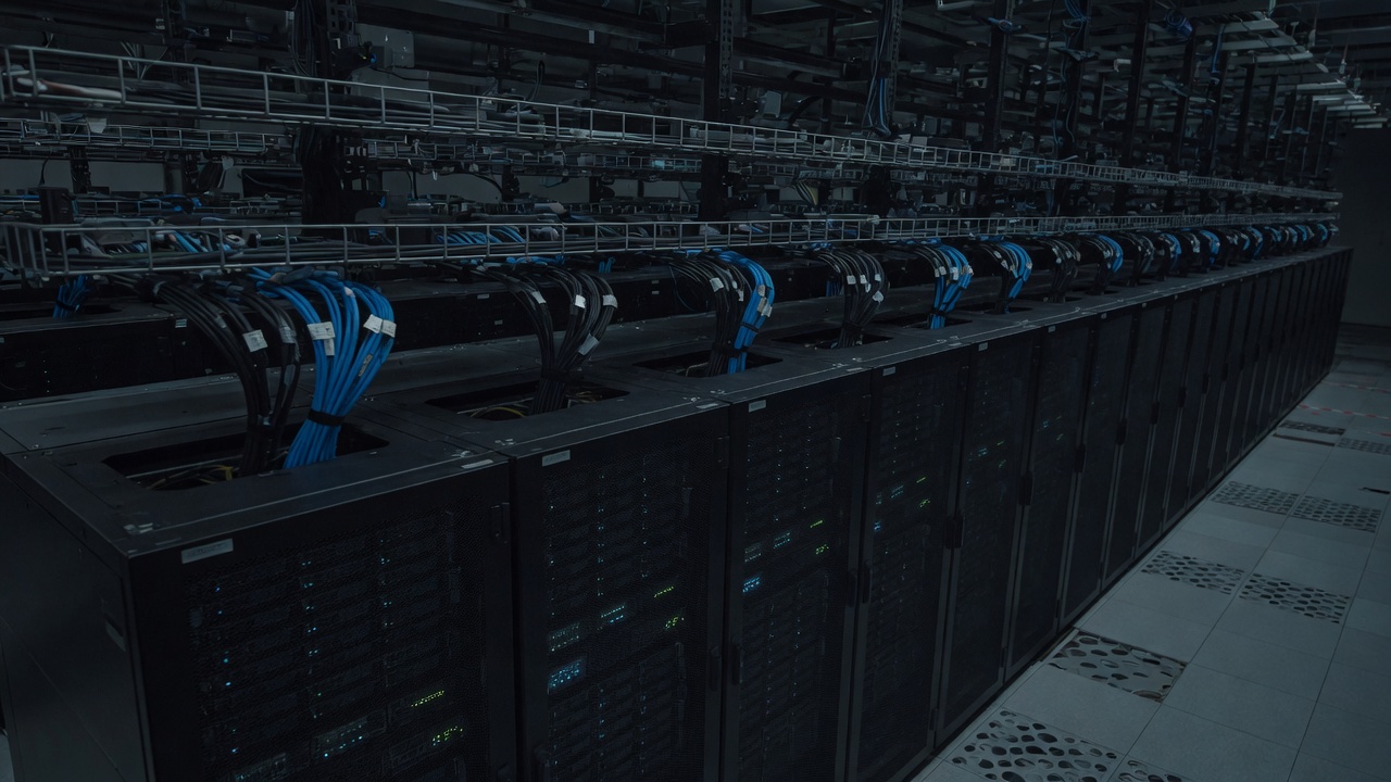 Dark data-hall infrastructure with overhead cable trays and a row of server racks