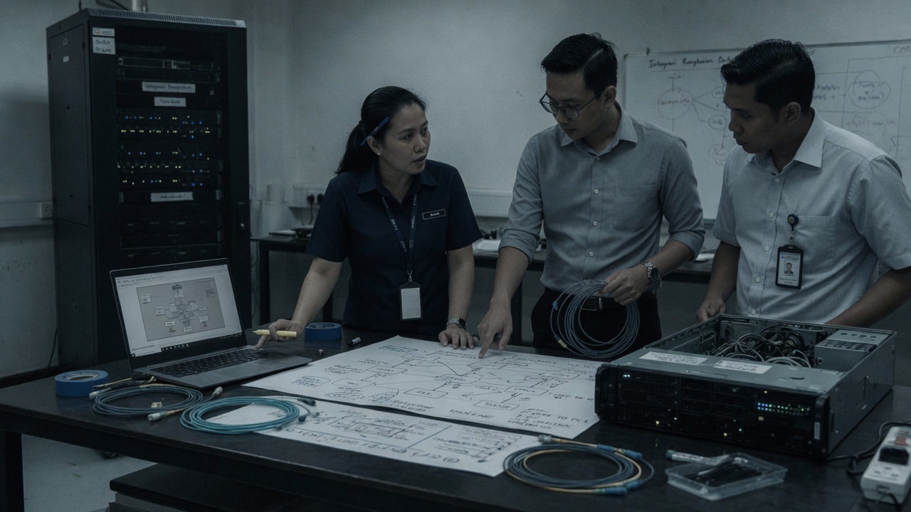 Three Malaysian engineers reviewing network diagrams, fibre and an open server chassis at an integration bench