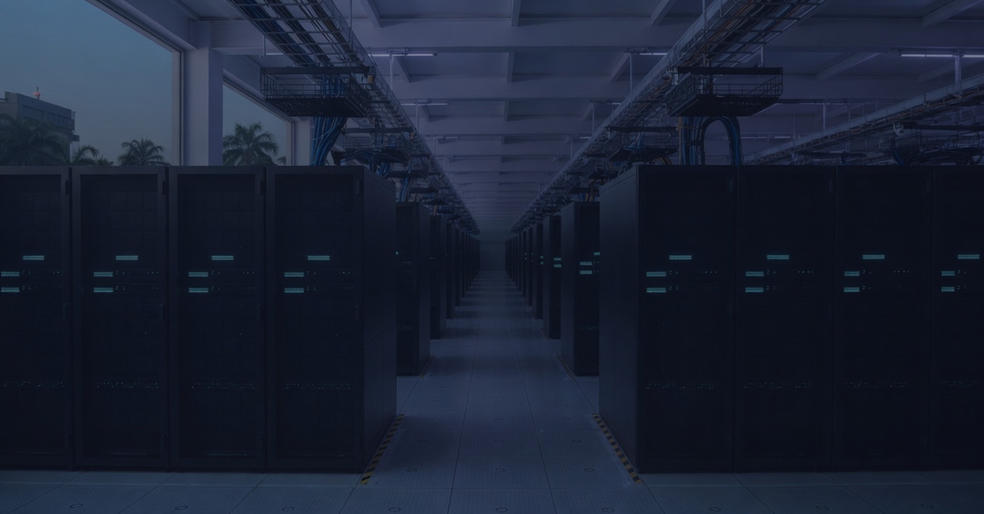 Cool aisle of a modern Malaysian data hall with ordered racks, overhead cable trays and restrained cyan indicator lights