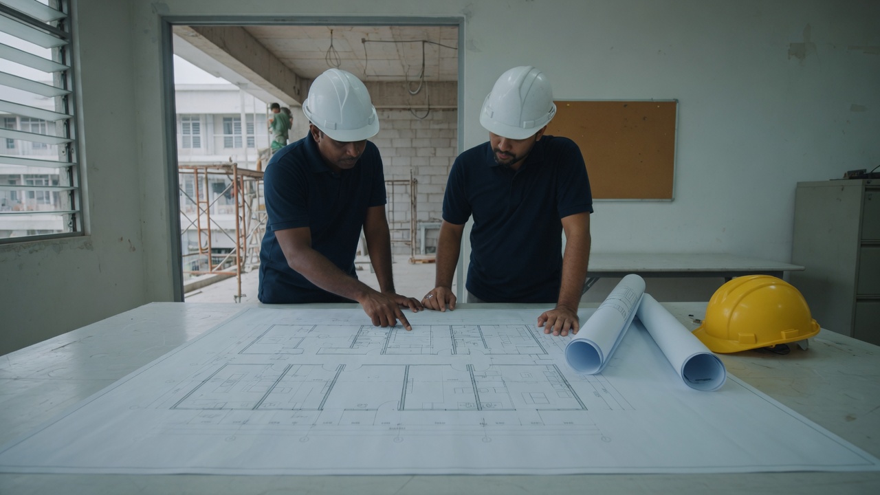 Two engineers in safety helmets reviewing a building plan on a table in a site office
