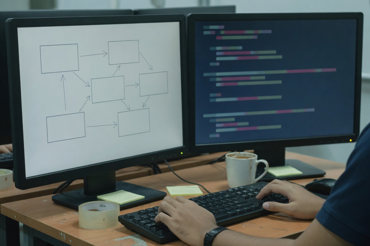 Two monitors on a desk showing connected boxes and abstract colour bars