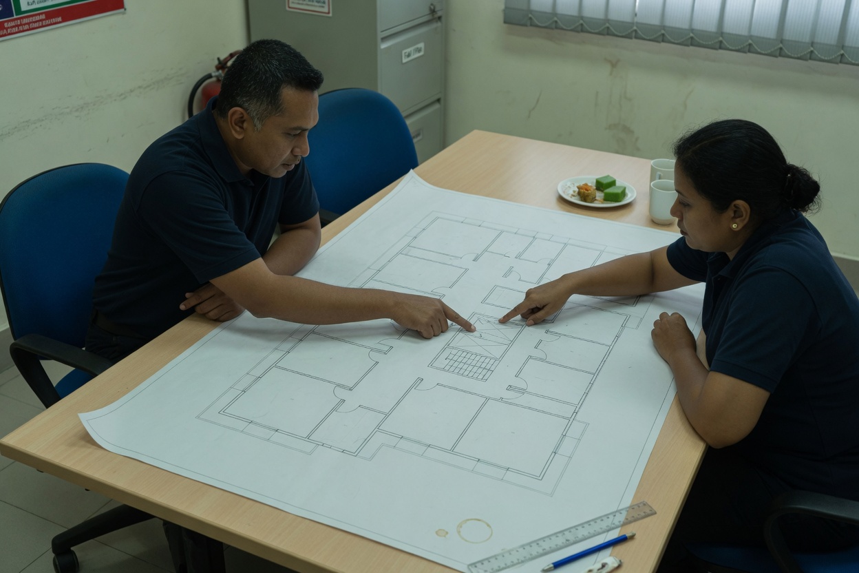 Two engineers at a table looking down at a building plan