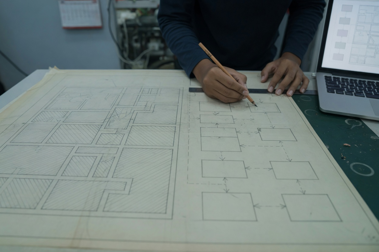 Hands annotating a system drawing on a desk beside a laptop