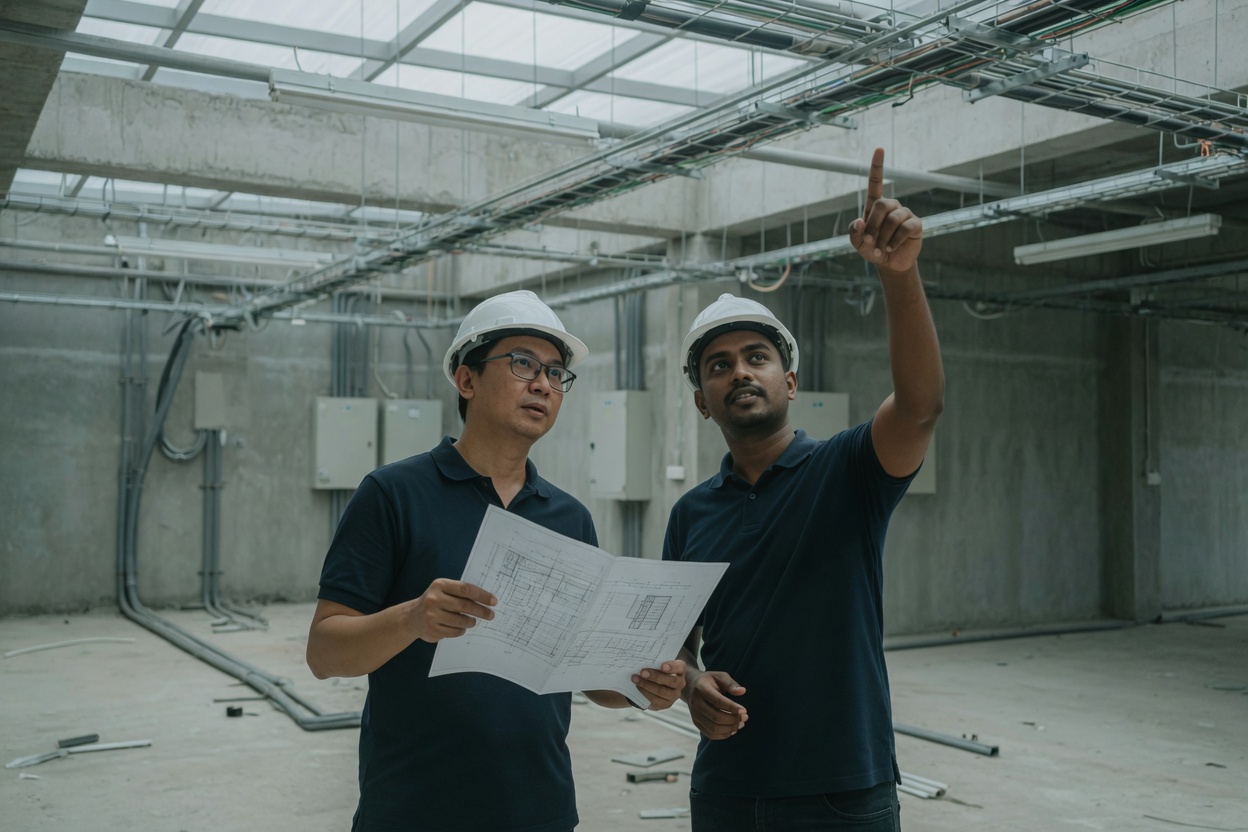 Two engineers in safety helmets on a site walkthrough, one pointing at ceiling trunking