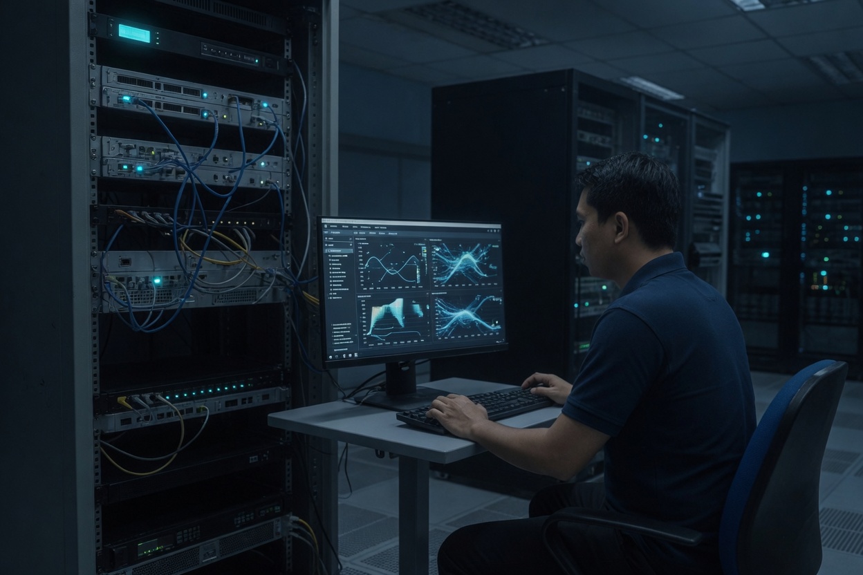 Engineer at a console beside an open mixed rack, with hardware and an operations dashboard in the same frame