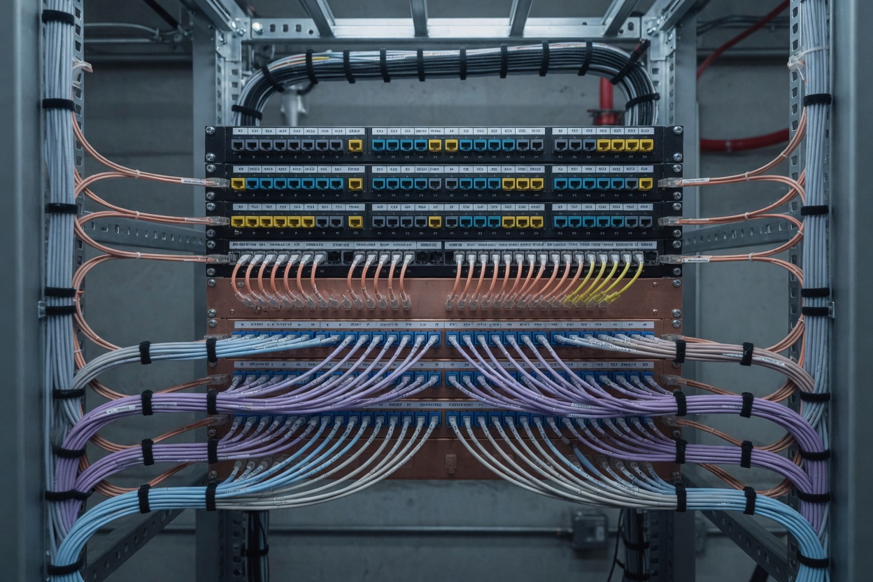 Labelled copper and fibre patch field with professional cable dress