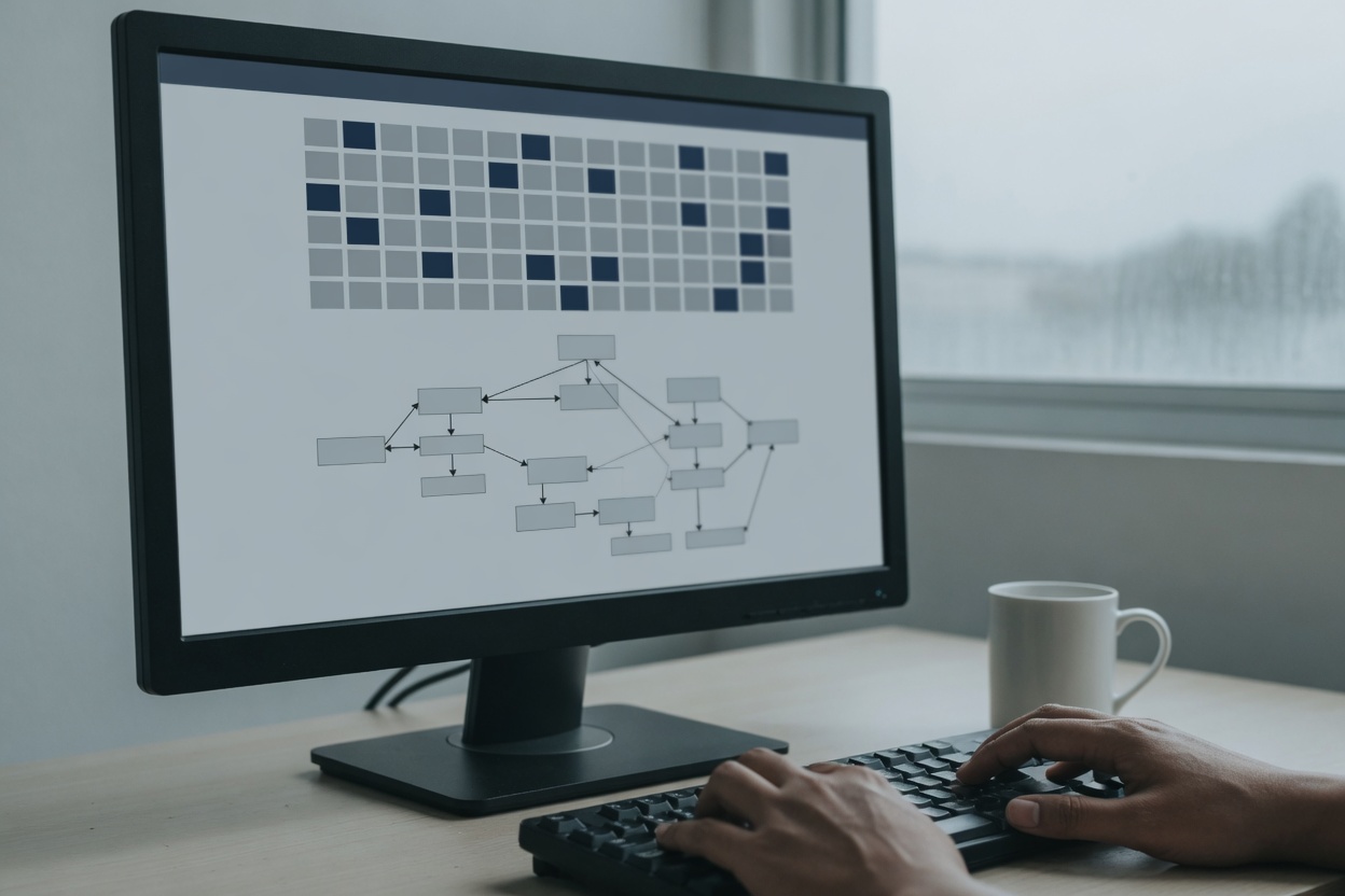 Monitor on a desk showing a table of cells and an unlabeled schema diagram