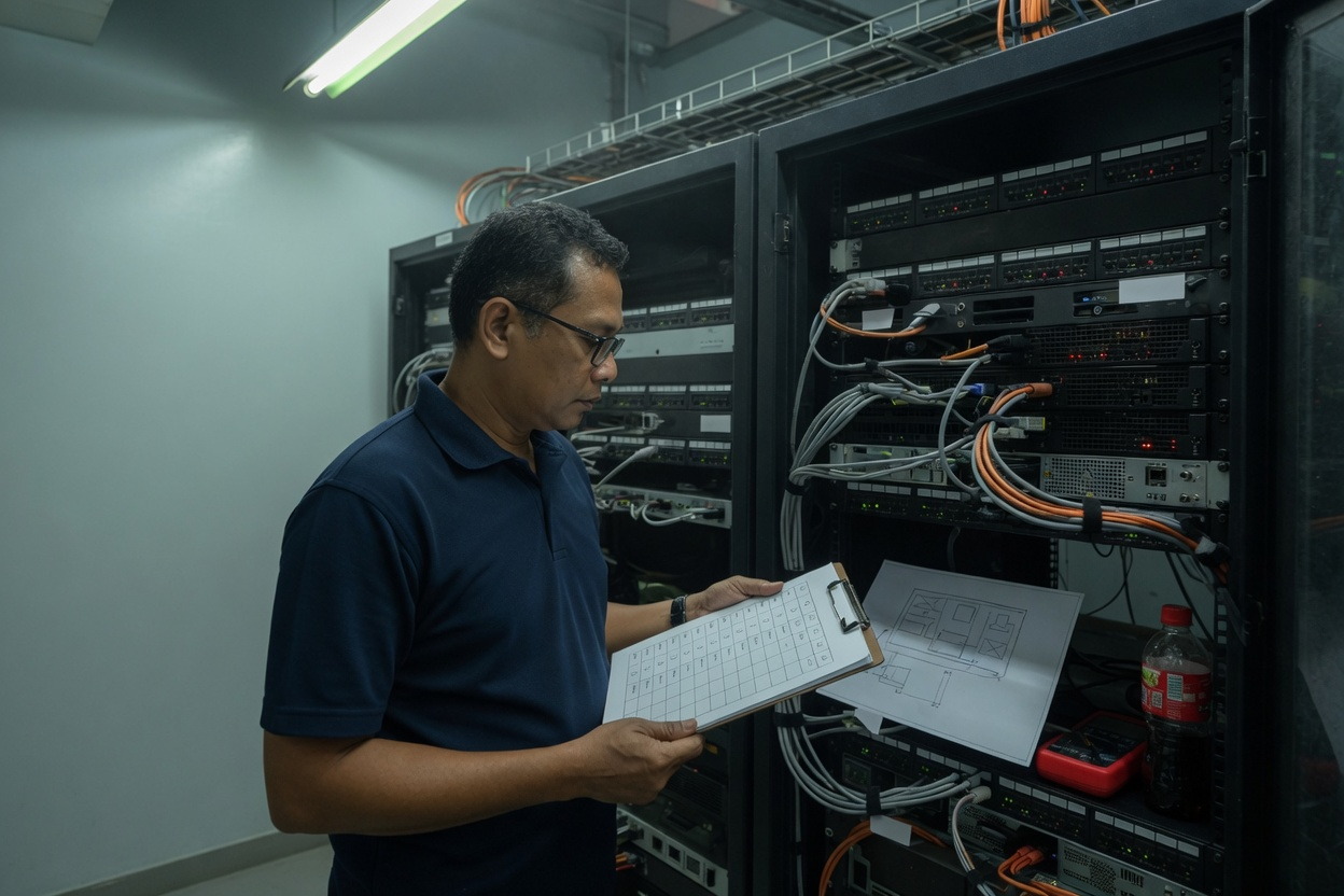 Engineer with a checklist standing at an open equipment rack