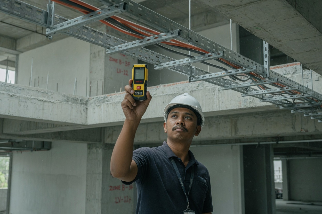 Engineer in a white helmet holding a laser measure up to an open ceiling cable tray