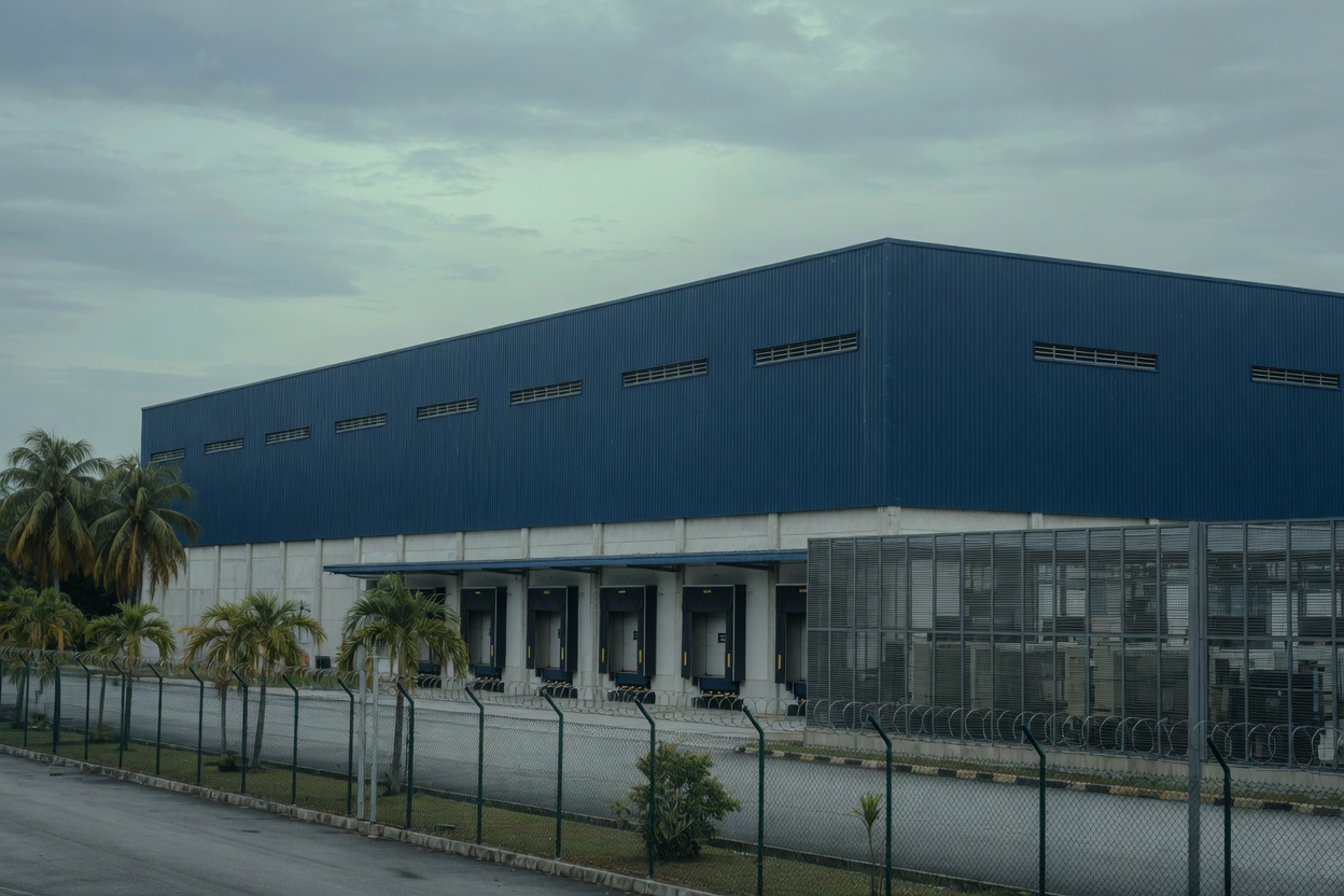 Purpose-built data centre exterior in Malaysia under an overcast tropical sky, with loading bays, screened plant and perimeter fencing