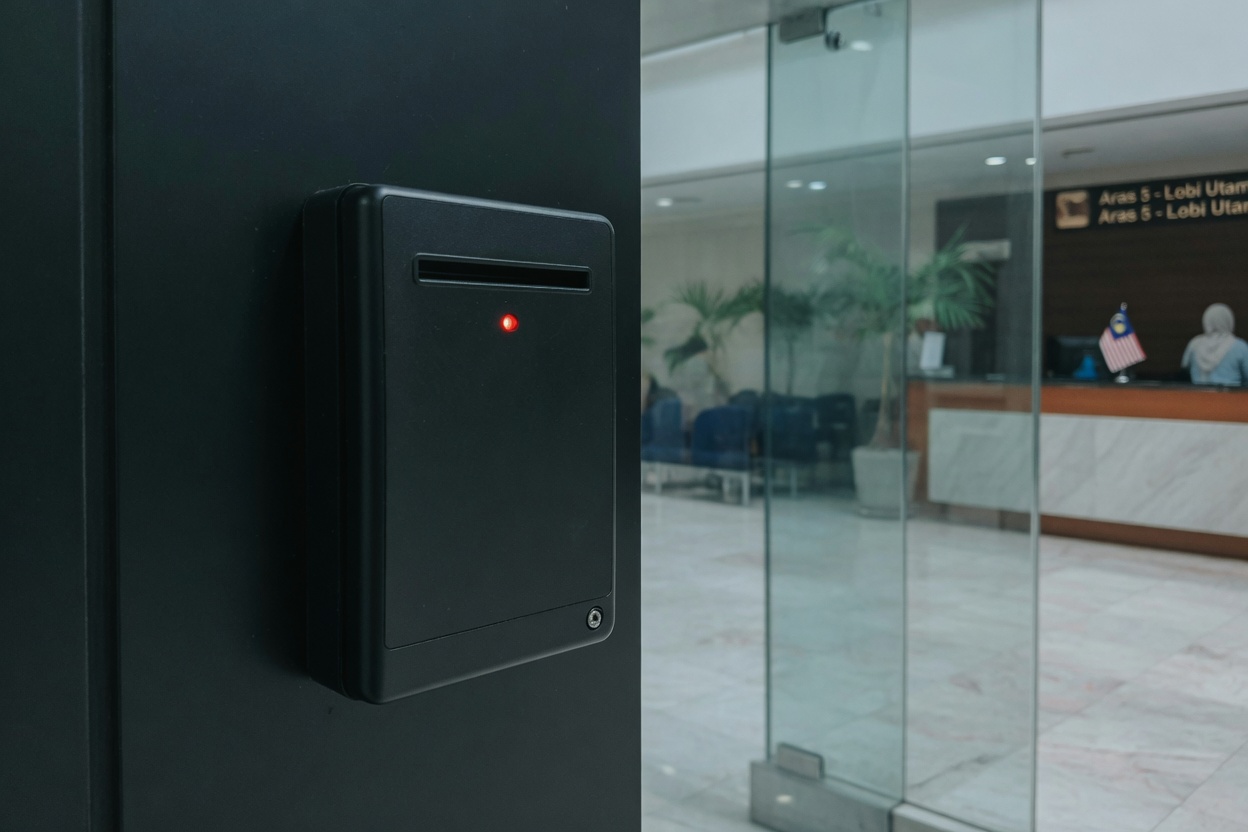 Door access reader at a building entrance