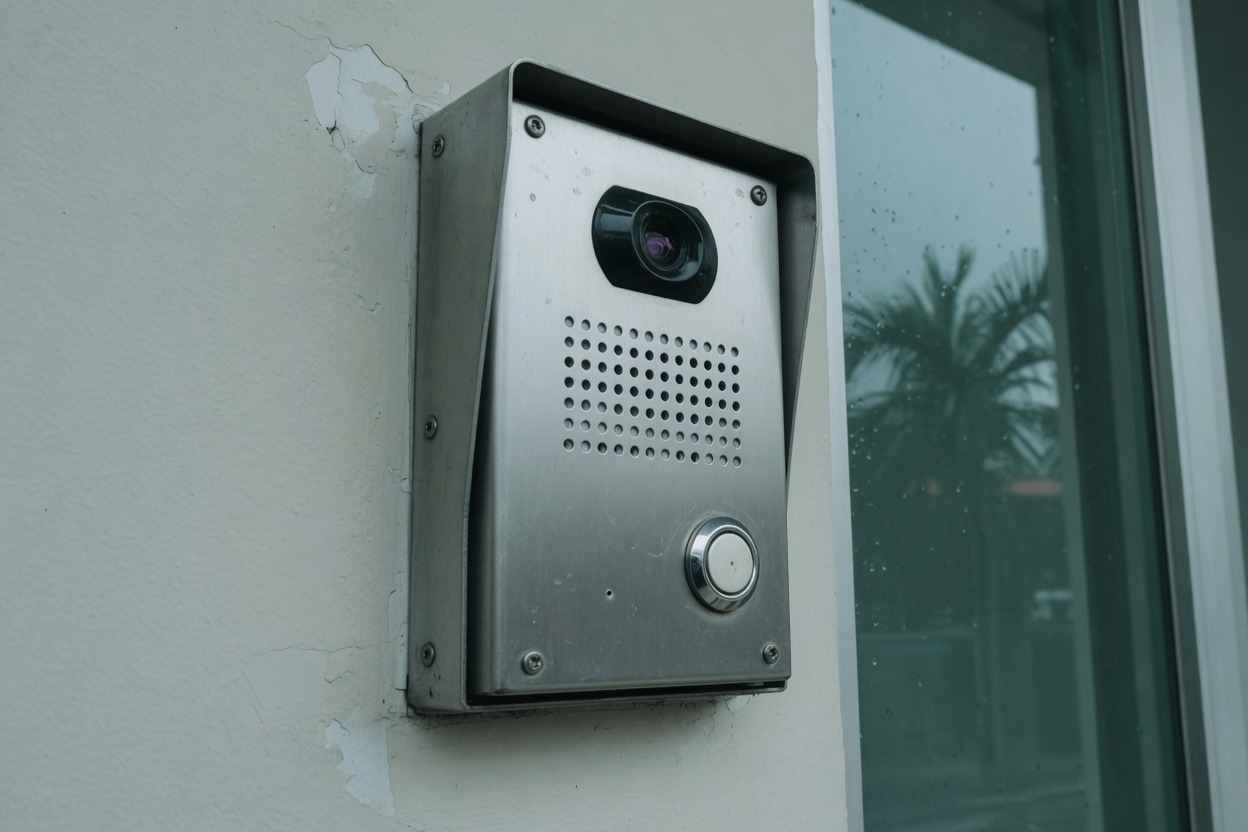 Video door intercom station beside a glass entrance