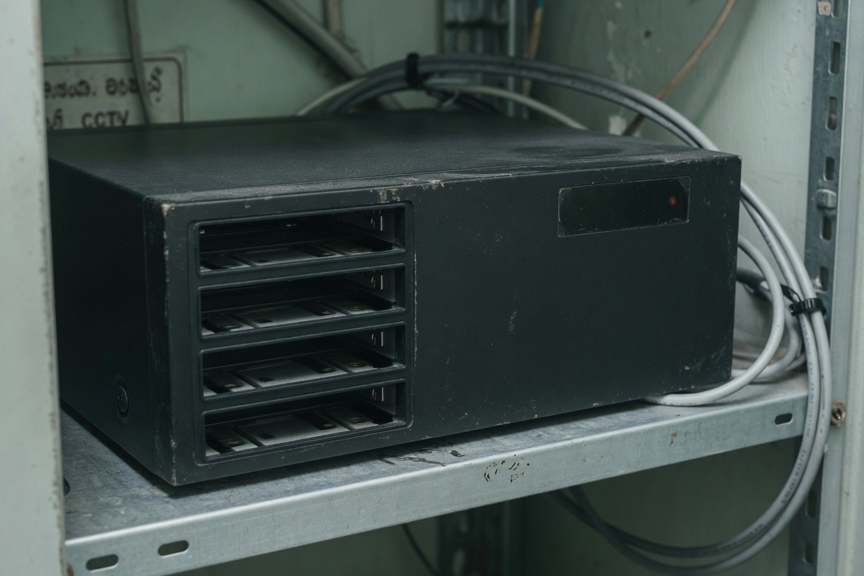 Network video recorder on a shelf in a security closet