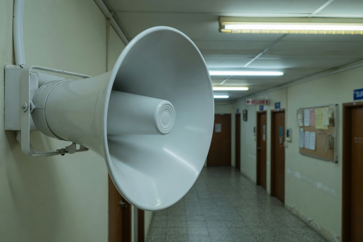 PA speaker in a building corridor