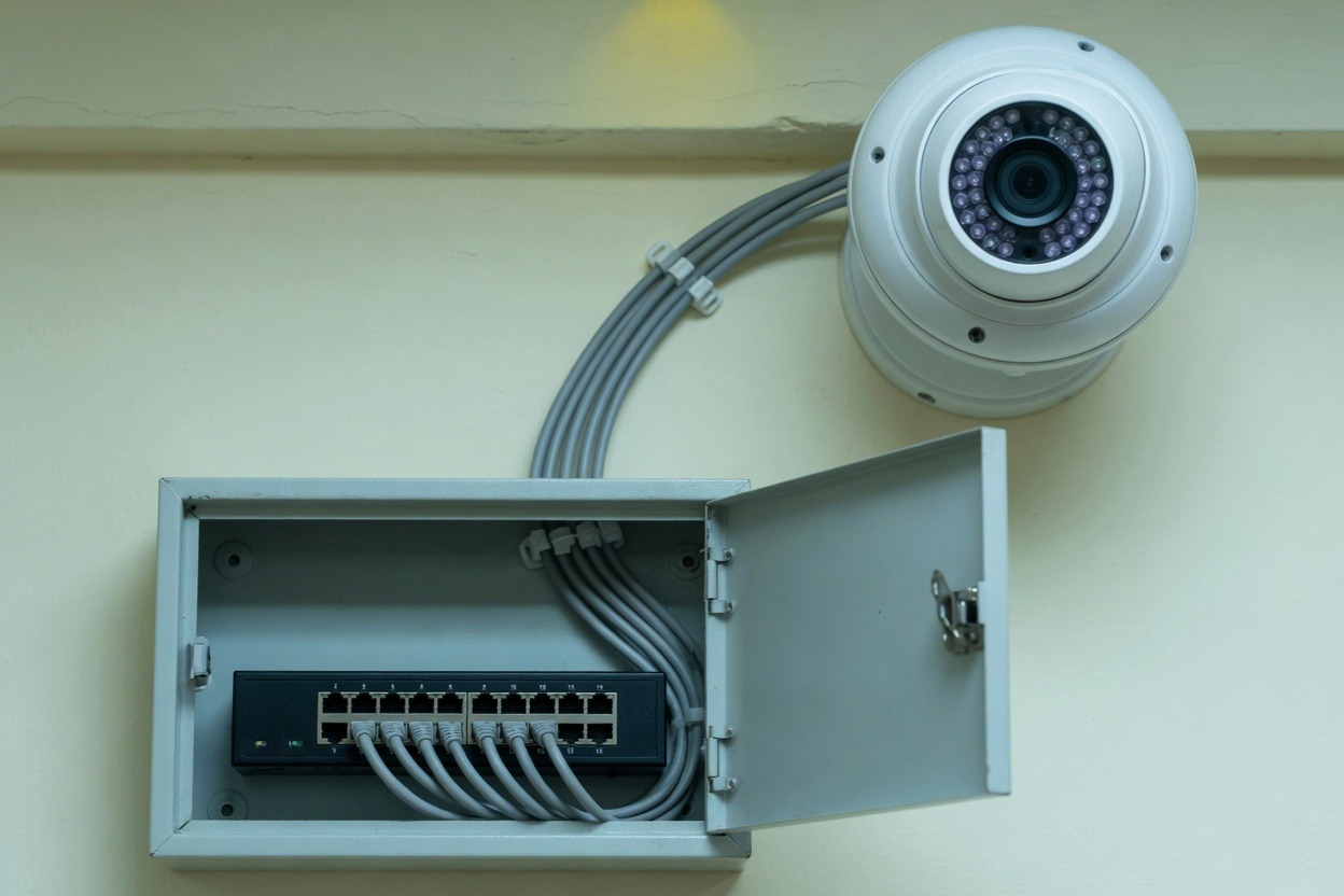 Wall-mounted PoE switch with patch leads running to a dome CCTV camera