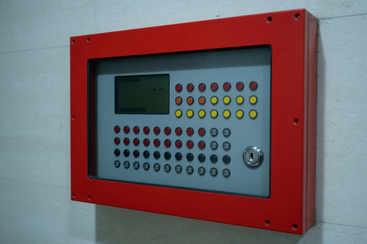Red addressable fire annunciator panel on a lobby wall