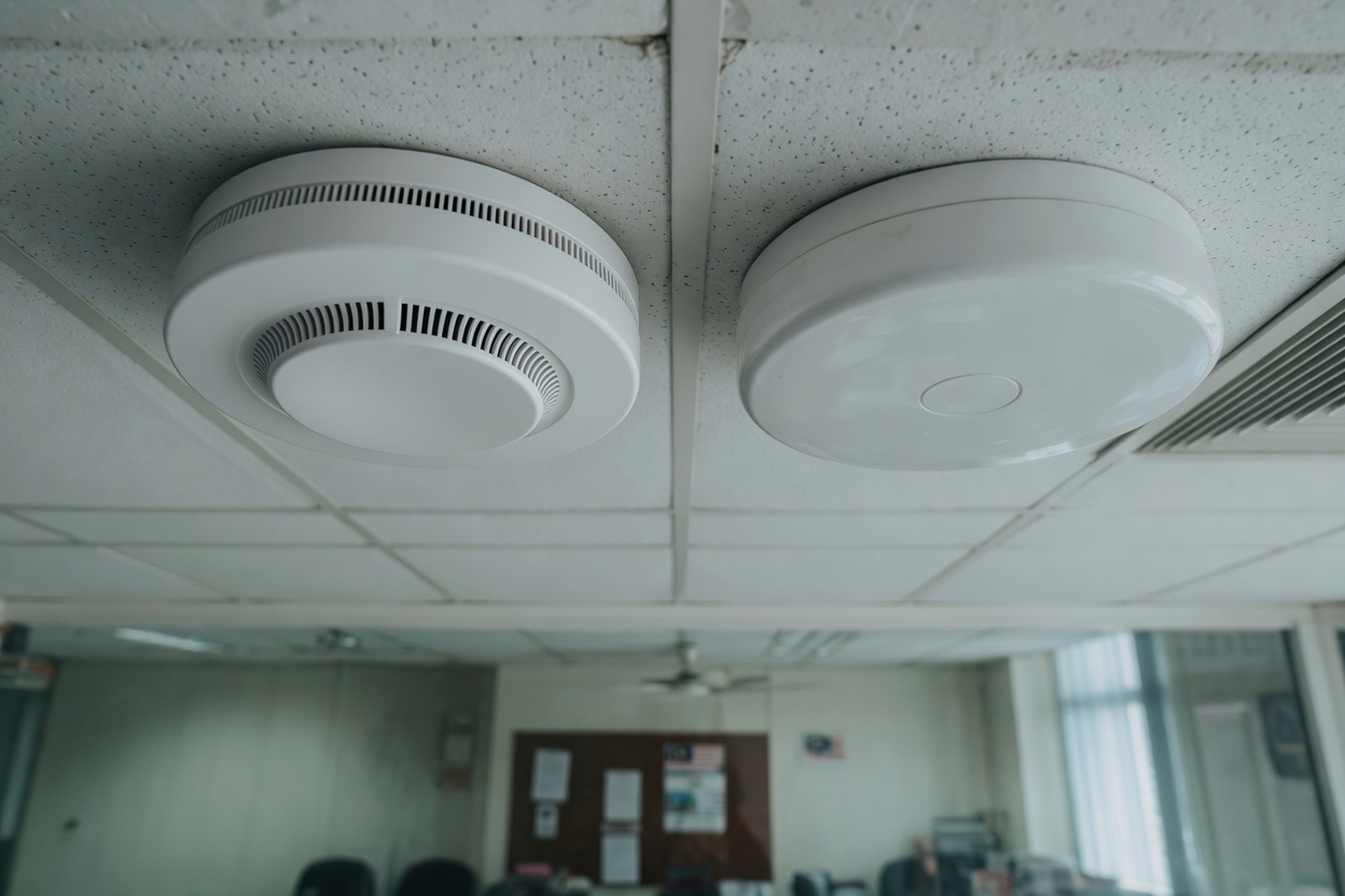 Smoke and heat detectors on a ceiling in a Malaysian interior