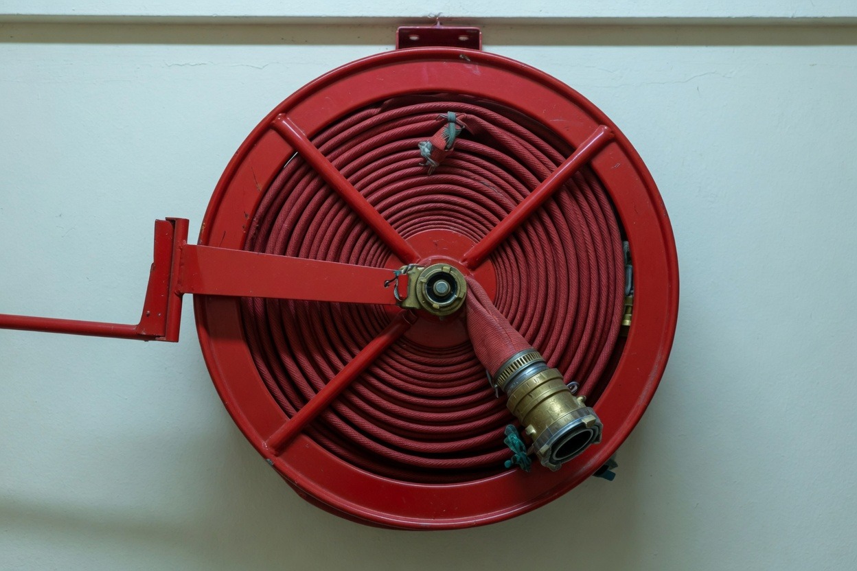 Red swinging fire hose reel mounted on a wall