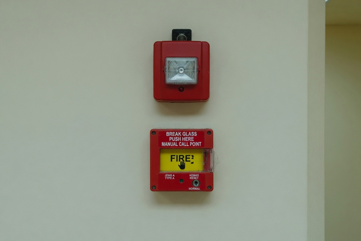 Red alarm strobe and red manual call point on a corridor wall, both shown whole