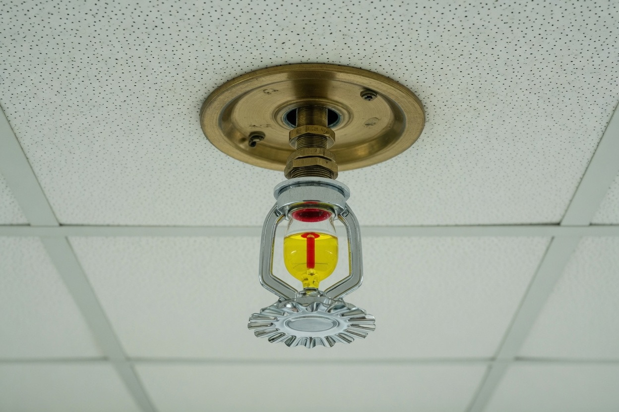 Chrome and brass pendant sprinkler hanging whole from a ceiling tile