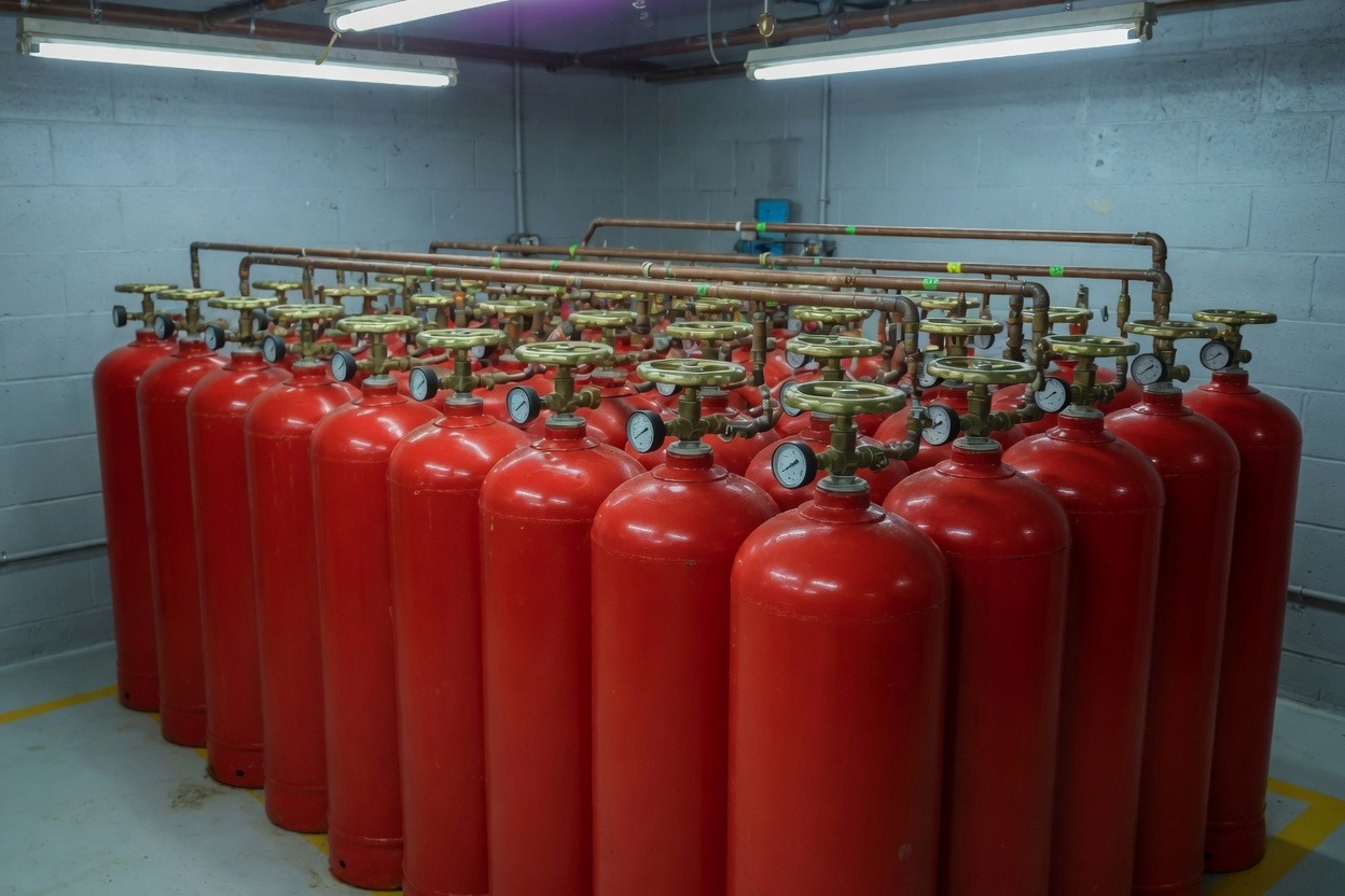 Bank of red gas suppression cylinders in a plant room