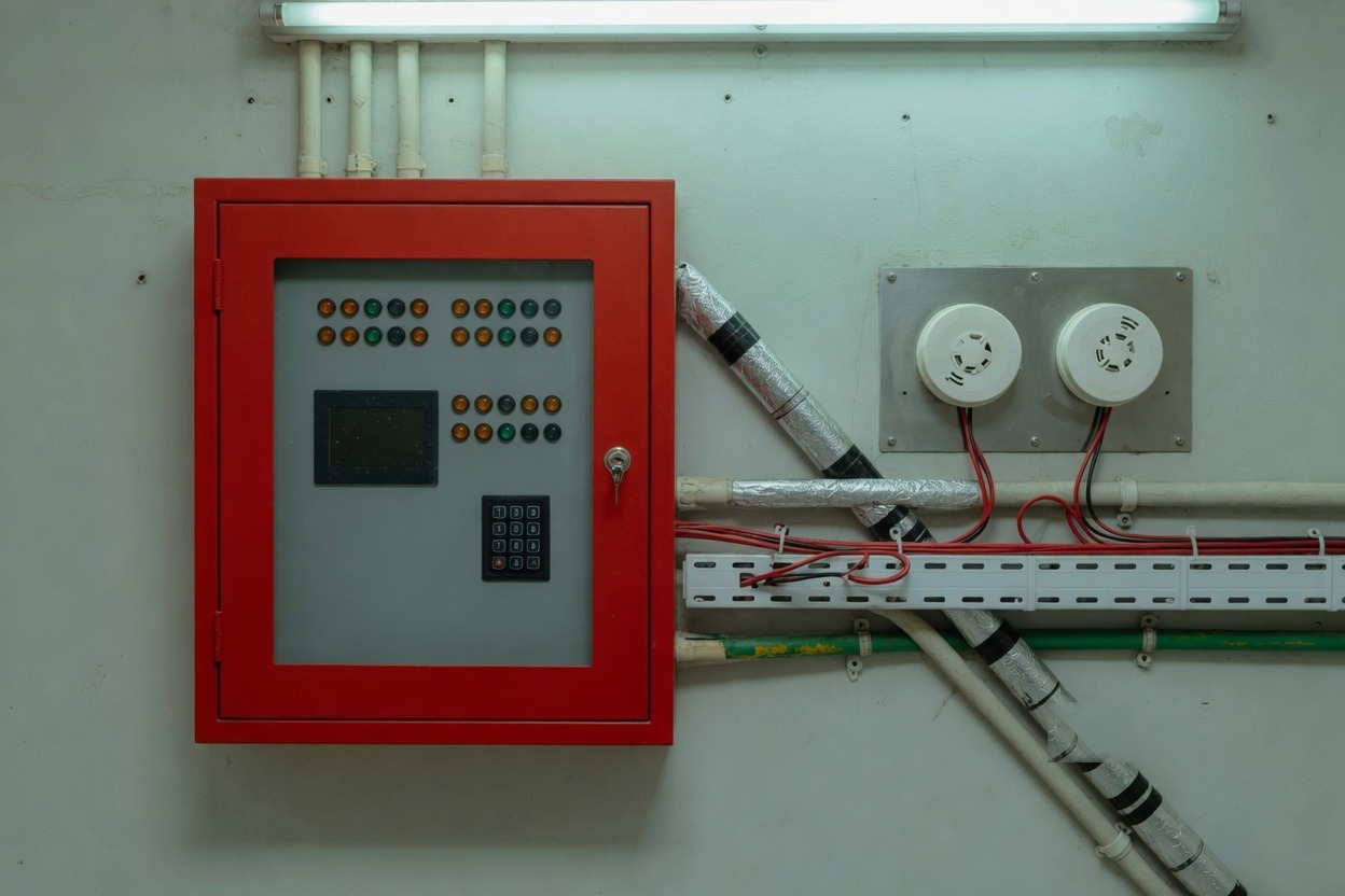 Red fire alarm control panel on a plant-room wall beside white detectors and cabling