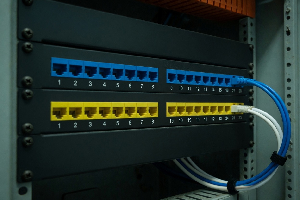 Close view of a copper patch panel with blue and yellow jacks and short patch leads