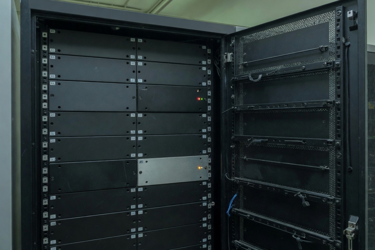 Single open equipment cabinet with blanking panels and one silver-faced unit
