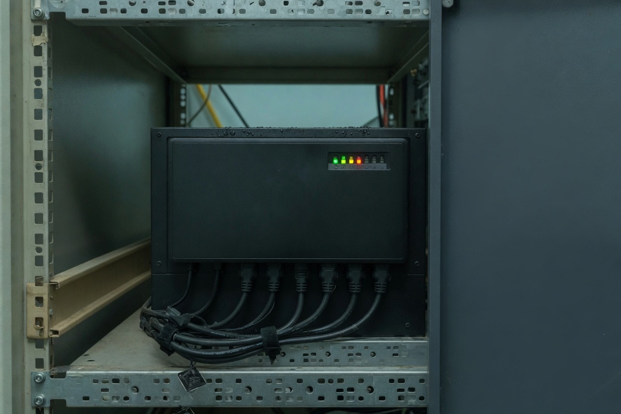 Rack-mount UPS with status LEDs and dressed power leads in a cabinet