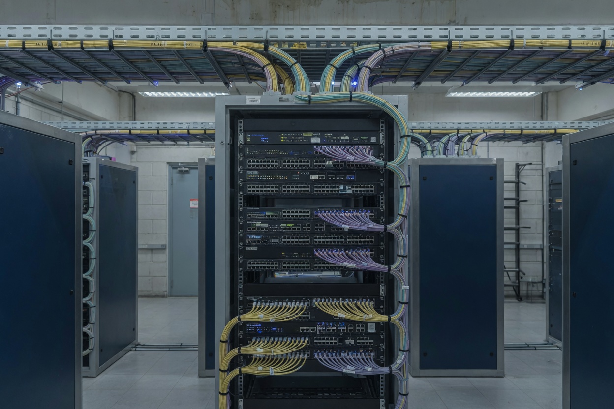 Core switching rack with tidy fibre dress and overhead cable trays