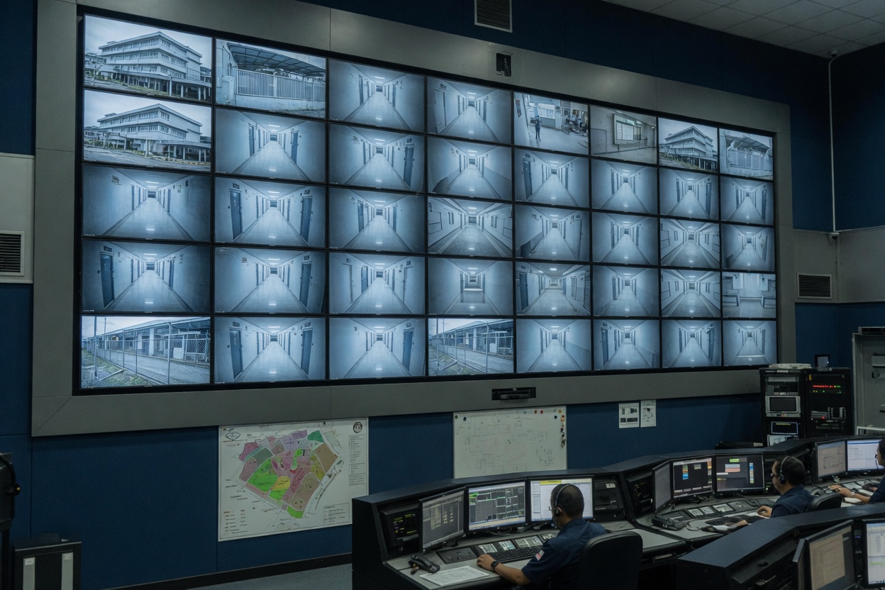 Operators at a control desk facing a wall of CCTV monitors showing building corridors