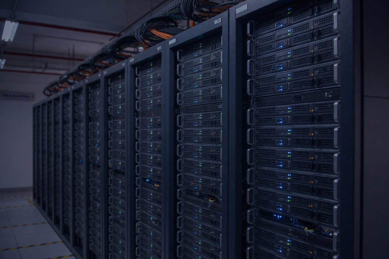 Enterprise server row in a dim data hall with restrained status lights