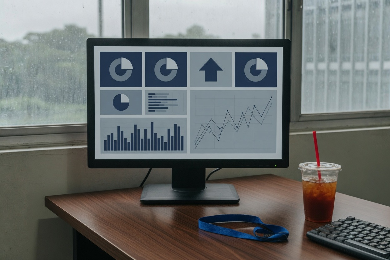 Desktop monitor showing unlabeled charts and KPI tiles
