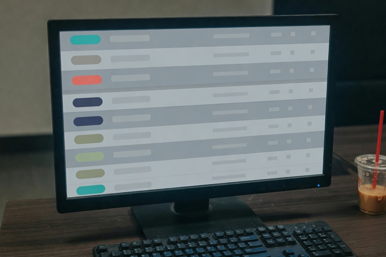 Monitor showing a ticket list of rows with coloured status pills