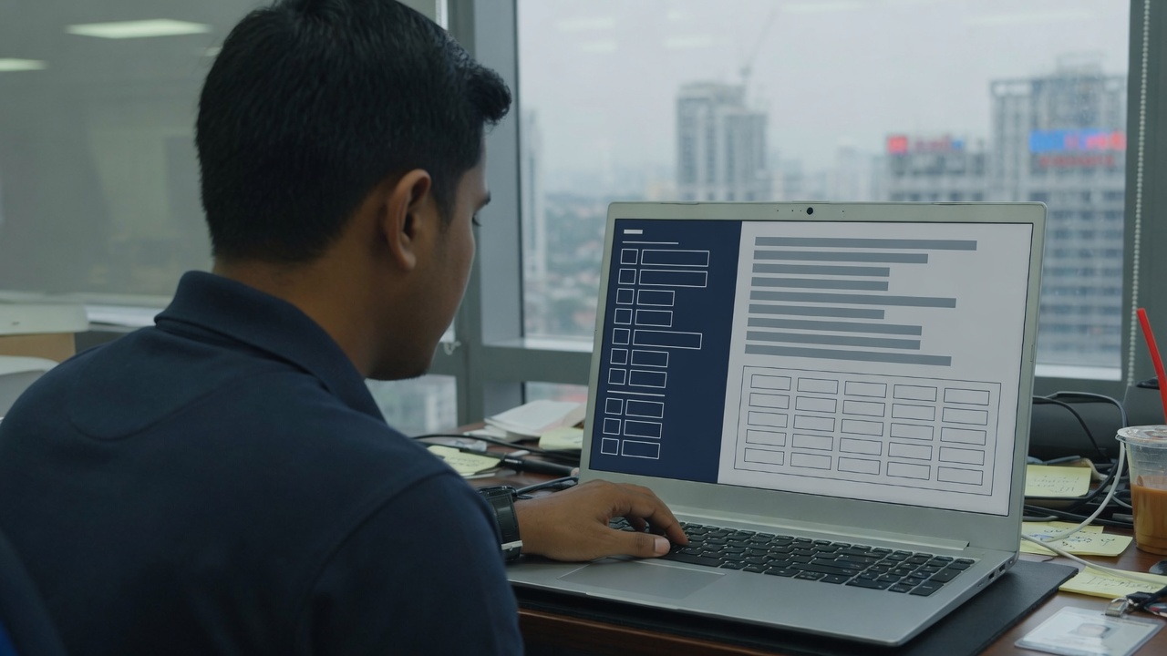 Engineer at a laptop showing a record form with a sidebar and field boxes