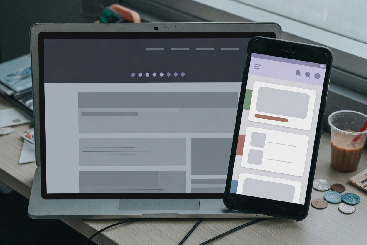 Laptop showing a website layout beside a phone showing a mobile app